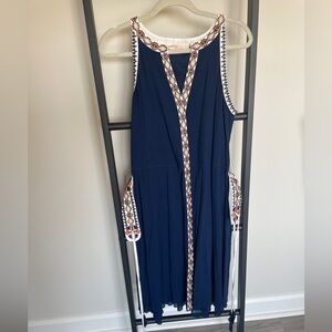 Tory Burch Navy Midi Dress with Multicolor Embroidery and matching tie belt